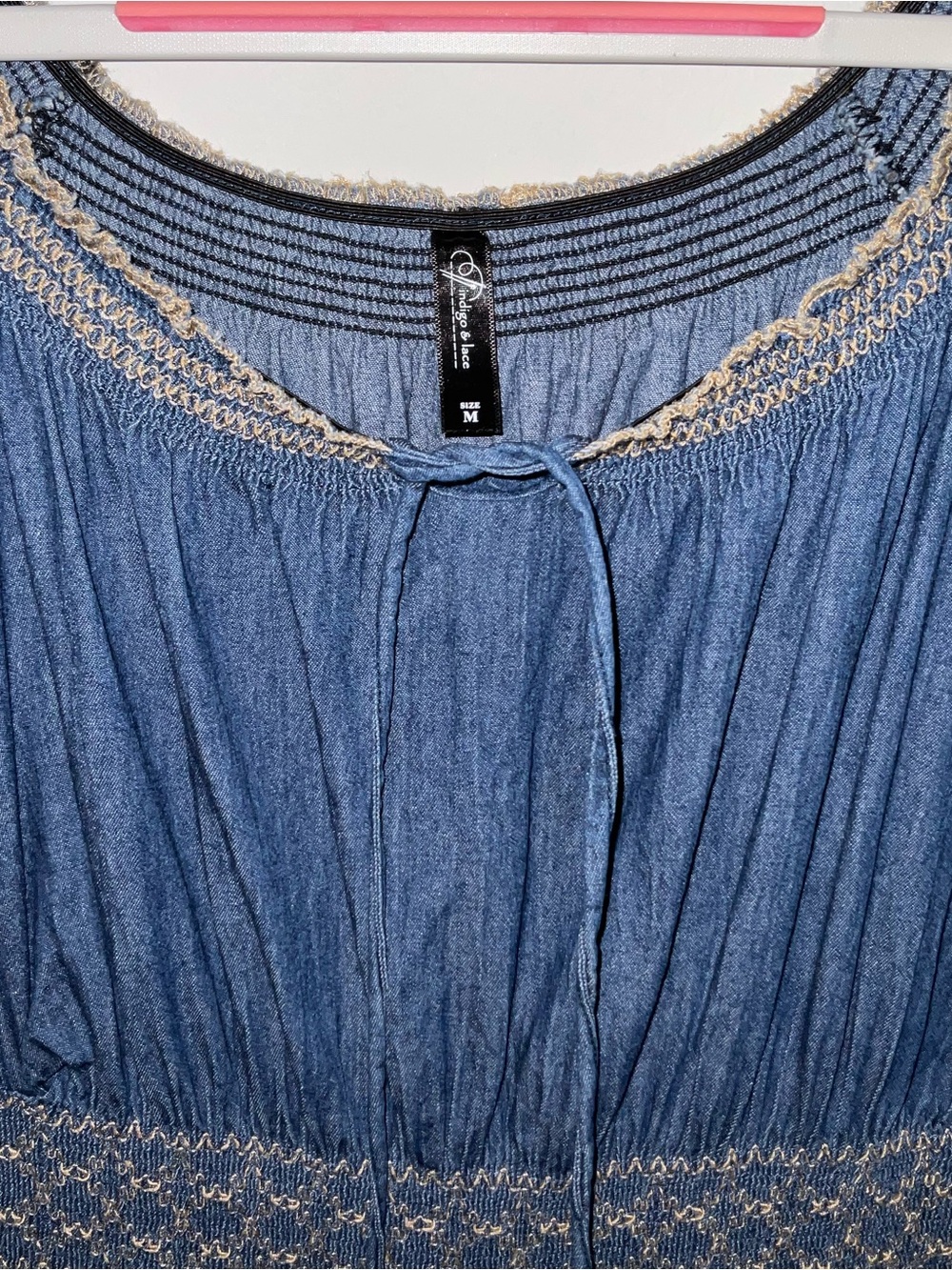 Indigo & Lace Blue denim Embroidered tiered boho long dress size M - Picture 5 of 10